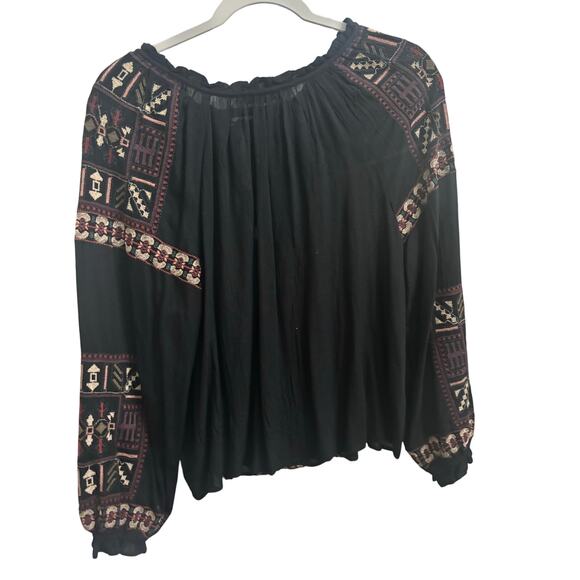 American Eagle Black Boho Embroidered Peasant Top Tassel Tie Neck Long Sleeve S - Picture 3 of 10